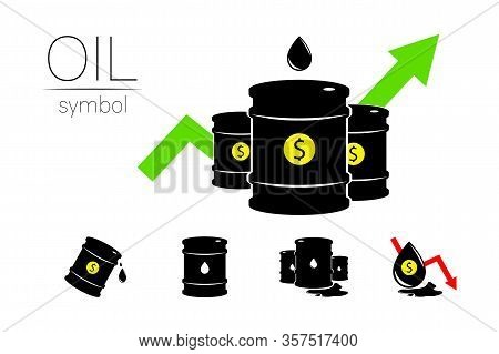 Vector Set Of 5 Sign Oil. Black Symbol Petroleum, Dollar Money, Isolated On White Background. Global