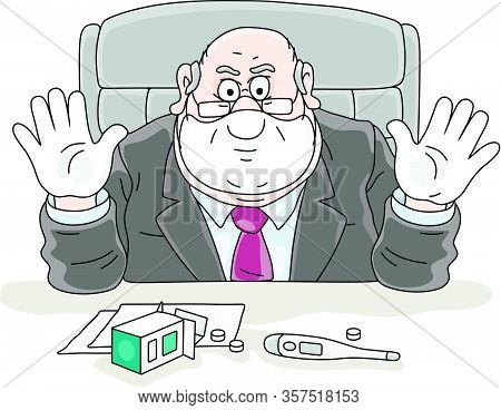 Sick Man In A Protective Mask And Gloves, Having Flu, Measuring Temperature With A Thermometer And T