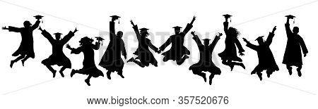 Jumping Silhouettes Of Graduates In Square Academic Caps And Mantles, Icons. Vector Illustration
