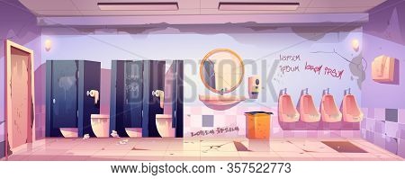 Dirty Public Restroom With Messy Toilet Bowls And Urinals, Broken Floor And Mirror, Graffiti Drawn O