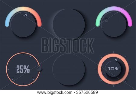Neumorphic Ui Circle Dark Color Set. Workflow Graphic Elements In Skeuomorph Trend Design. Circular 