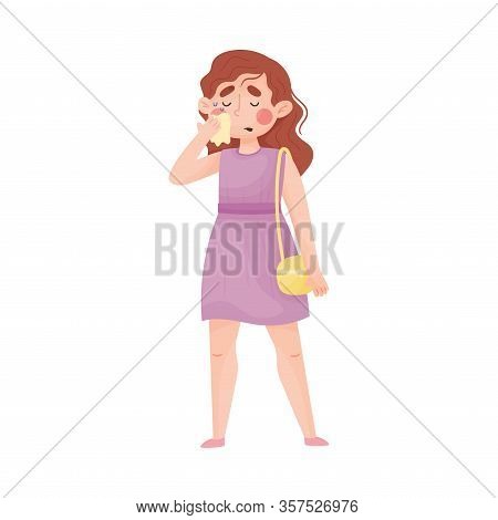 Young Girl Mopping Sweat From Her Face With Handkerchief Vector Illustration