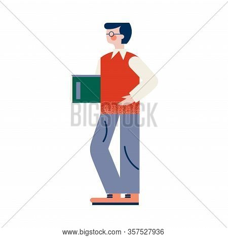 The Schoolteacher In Glasses Standing With A Book Under His Arm. Vector Illustration Isolated On Whi