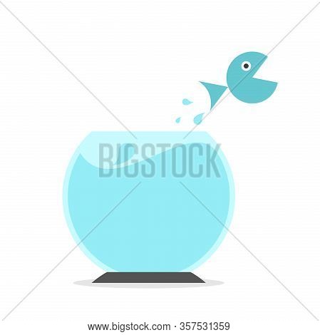 Fish Jumping From Fishbowl. Freedom, Courage, Change, Claustrophobia, Action And Challenge Concept. 