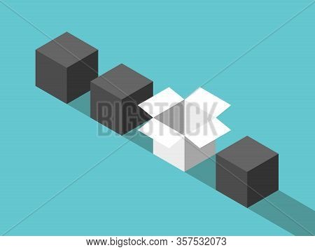 Unique Open Box Among Many Closed Cubes. Creativity, Idea, Uniqueness And Freedom Concept. Flat Desi