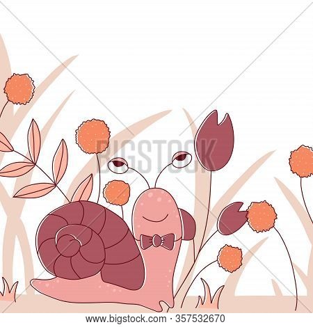 Template With Cute Snail Character. Baby  Animal With Leaf And Flowers In Scandinavian Style For Bab