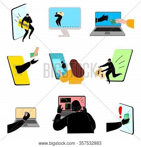 Set Of Hacking The Internet Social Network Concept. Vector Illustration In Flat Cartoon Style.