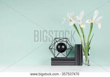 Light Spring School Workplace With Black Decorative Model Of Atom, Books, Fresh White Iris In Vase O