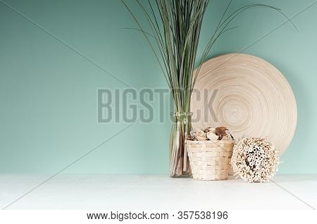 Calm Eco Home Decor With Natural Beige Dried Plant, Wicker Basket, Bamboo Plate, Bunch Of Reed In Gl