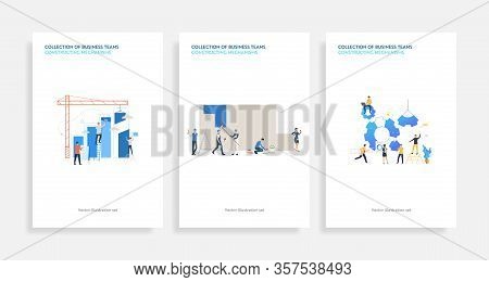 Collection Of Business Teams Constructing Mechanisms. Flat Vector Illustrations Of People Launching 