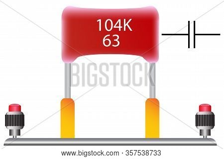 A Film Capacitor With A Capacity Of 100 Nanofarads, Which Is Used In Radio Engineering, Is Red.
