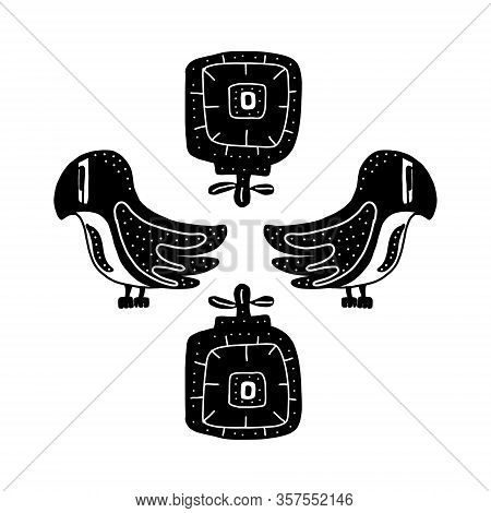 Birds And Flowers Isolated Vector Illustrations In Linocut Style. Vintage Stamp Design For Printing.