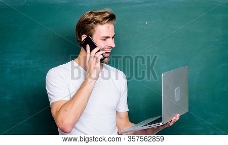 Digital Concept. Online Communications. School Teacher With Laptop. Digital Technology. Digital Scie
