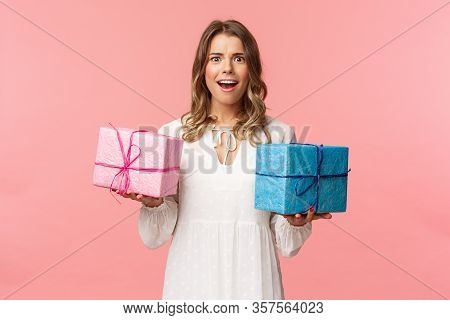 Holidays, Celebration And Women Concept. Portrait Of Surprised And Impressed Blond Girl Didnt Expect