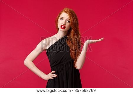 Whats Your Problem, So What. Arrogant And Pissed-off Snobbish Sassy Redhead Woman In Elegant Black D