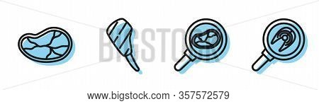 Set Line Steak Meat In Frying Pan, Steak Meat, Rib Eye Steak And Fish Steak In Frying Pan Icon. Vect