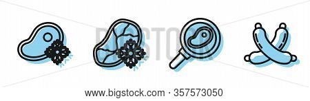 Set Line Steak Meat In Frying Pan, Fresh Frozen Steak Meat, Fresh Frozen Steak Meat And Crossed Saus