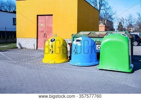 Trash Can Europe. Waste Recycling In The European Union. Painted Trash Bins. Plastic Utilization