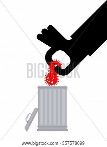 Hand Throws Virus Into Trash. Victory Over Coronavirus. Bactria In Rubbish
 