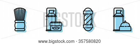 Set Line Classic Barber Shop Pole, Shaving Brush, Shaving Gel Foam And Shaving Gel Foam Icon. Vector