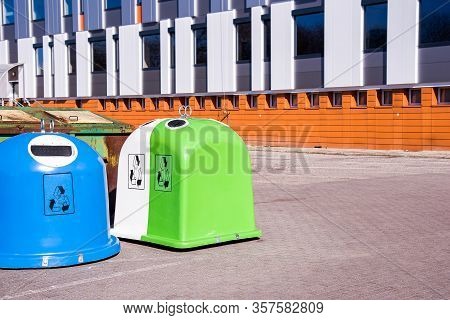 Trash Can Europe. Waste Recycling In The European Union. Painted Trash Bins. Plastic Utilization