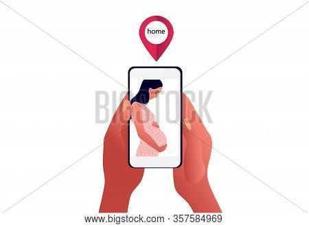 2019-ncov Quarantine. Sad Pregnant Woman On Phone Screen. Remote Work Concept.