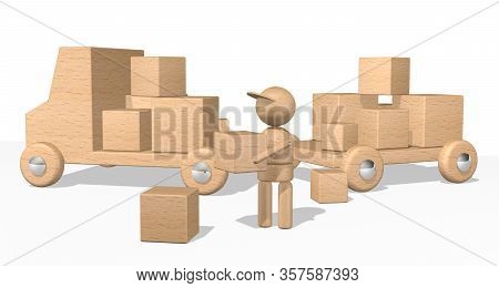 3d Man With Box Loading Truck And Trolley
