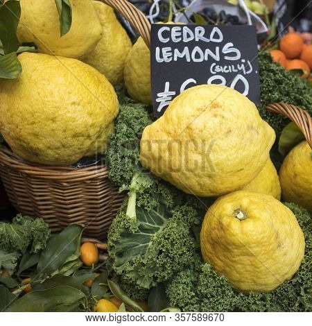 Large Lemons With Thick Peels At The Farmers Market. Square Frame Format