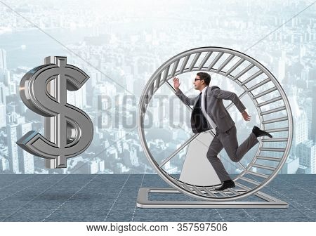 Business concept with businessman running on hamster wheel
