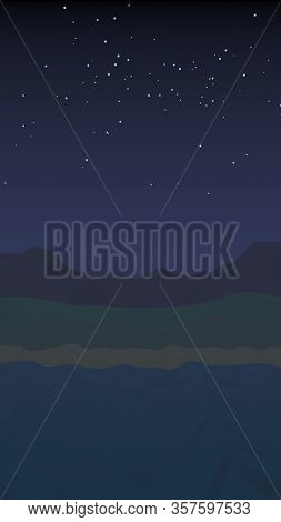 Starry Moonless Sky. Ocean Shore Line With Waves On A Beach. Island Beach Paradise With Waves. Vacat