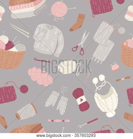 Knitting And Knitwear Seamless Pattern With Threads, Knitted Scarf, Cap, Sweater, Yarn Balls And Bas