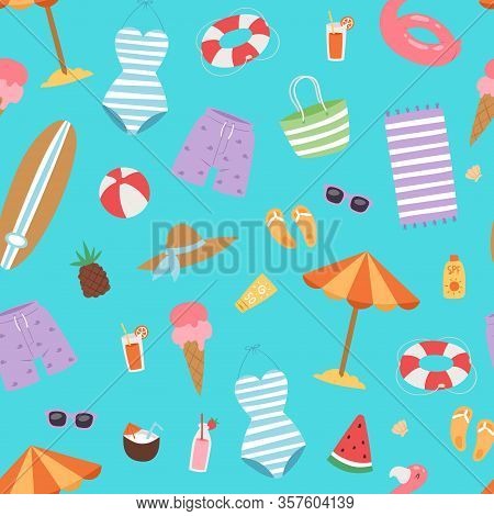 Summer Beach Seamless Pattern With Umbrella, Cocos And Icecream, Swimming Flamingo, Surfboard And Ho