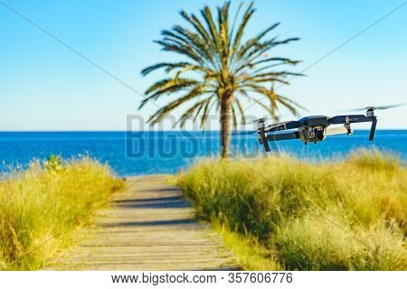 Percheles Beach, Spain - March 16, 2019: Dji Drone Mavic Pro Platinum Starting From Beach. Dji Is Th