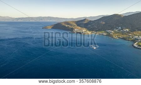 Aerial View Of A Pleasure Boat With Tourists. Elounda, Crete, Greece