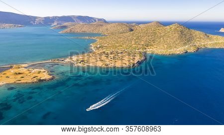 Aerial View Of A Pleasure Boat With Tourists. Elounda, Crete, Greece
