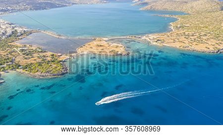 Aerial View Of A Pleasure Boat With Tourists. Elounda, Crete, Greece