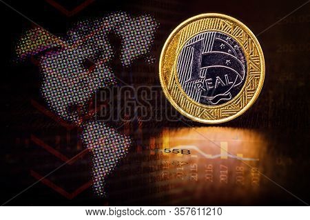 Currency Of Brazil, A Brazilian Real. Background Image With Charts, Brazil Stock Market Concept, Sto