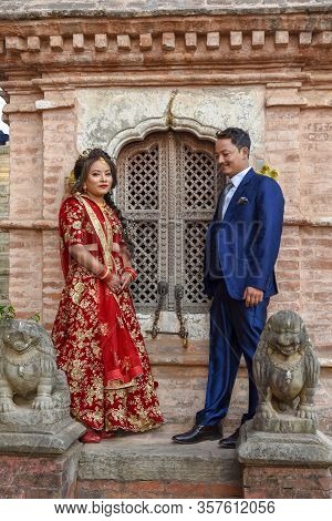 Wedding Couple With Traditional Clothes At Bhaktapur On Nepal