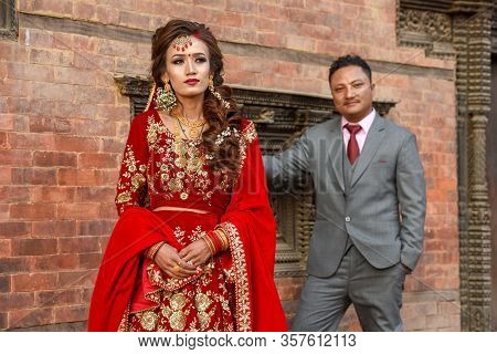 Wedding Couple With Traditional Clothes At Bhaktapur On Nepal