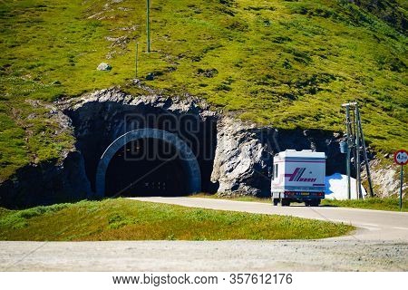 Vikafjellet, Norway - July 5, 2018: Clou Liner Caravan On Road With Tunnel In Vikafjellet Between Vi