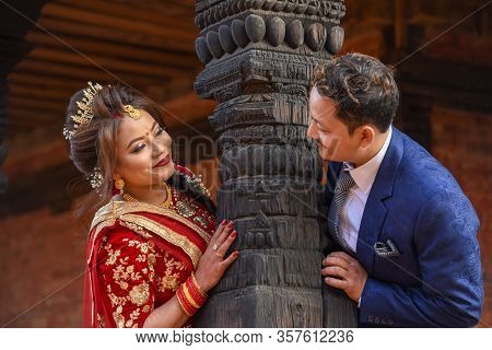 Wedding Couple With Traditional Clothes At Bhaktapur On Nepal