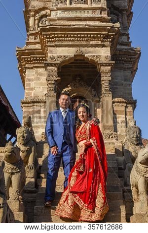 Wedding Couple With Traditional Clothes At Bhaktapur On Nepal