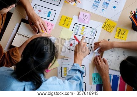 Brainstorm Planing Creative Asian Teamwork, Group Of Asia Mobile Phone App Developer Team Meeting Fo