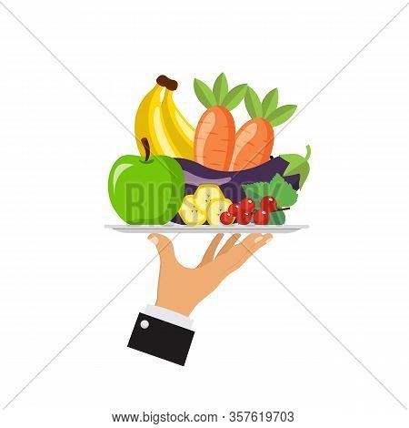Waiter Holds A Tray Of Fresh Vegetables And Fruit Isolated On White Background. Health Food Concept.
