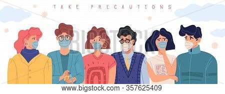 Quarantine Virus Cartoon People Illustration. Horizontal Illustration Of A Panorama With A Group Of 