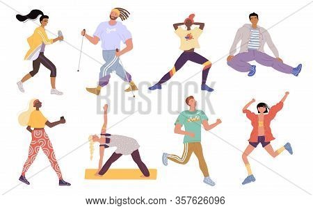 Vector Active Sports Young People Set. Crowd Of Men, Women, Trainer Performing Various Activities. C