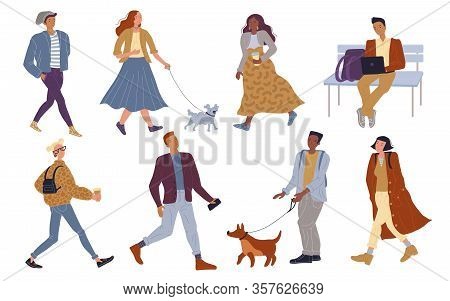 Vector Illustration Of Active Modern Citizen Outdoors Set. Woman And Man Walking, Working On Laptop,