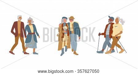 Vector Illustration Of Active Elderly Couples Set. Old Woman And Man Walking, Holding Hands. Grandfa