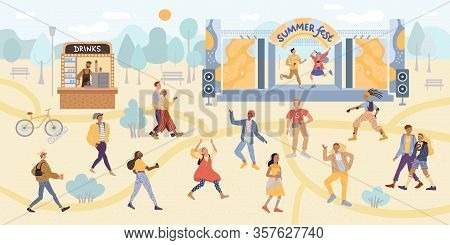 Vector Illustration Of Open Air Summer Festival, Dancing And Walking Crowd Of People. Flat Cartoon C