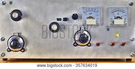 Front Panel Of A High Frequency Power Amplifier With Vacuum Tubes Close Up View